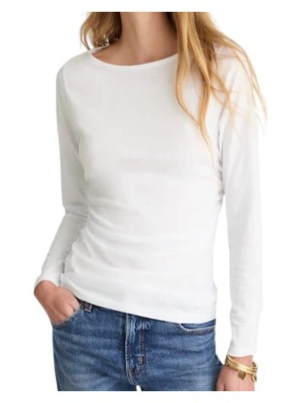 Madewell Ruched Crewneck Long-Sleeve Tee in Soft Slub~Size L~White NWT L17 13